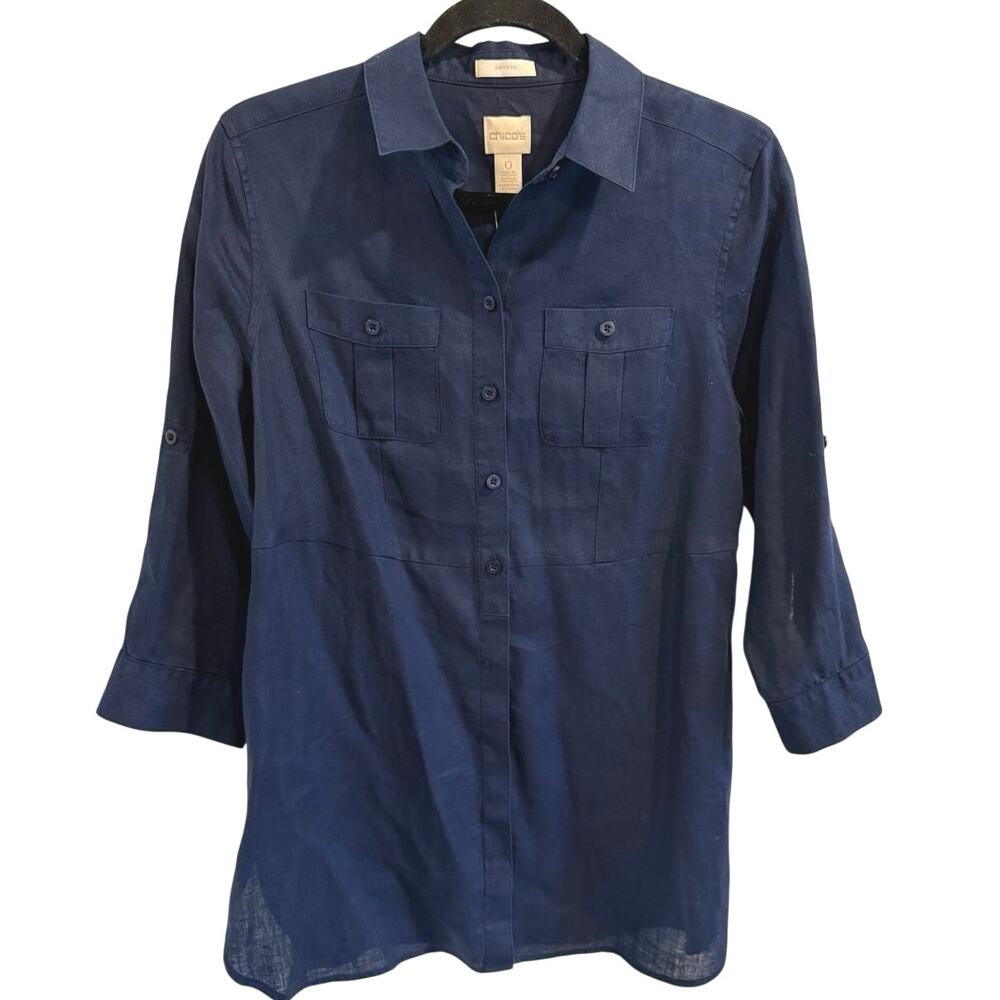NWT Chicos Sz 0 = S Navy Blue Effortless 100% Linen No Iron Long Button Up Tunic